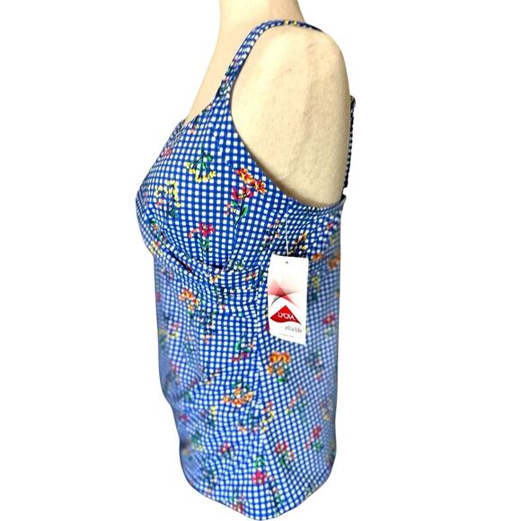 Lands' End Blue Gingham Floral Swim Top Underwire Tankini 14 D Cottagecore Sweet - Picture 4 of 9